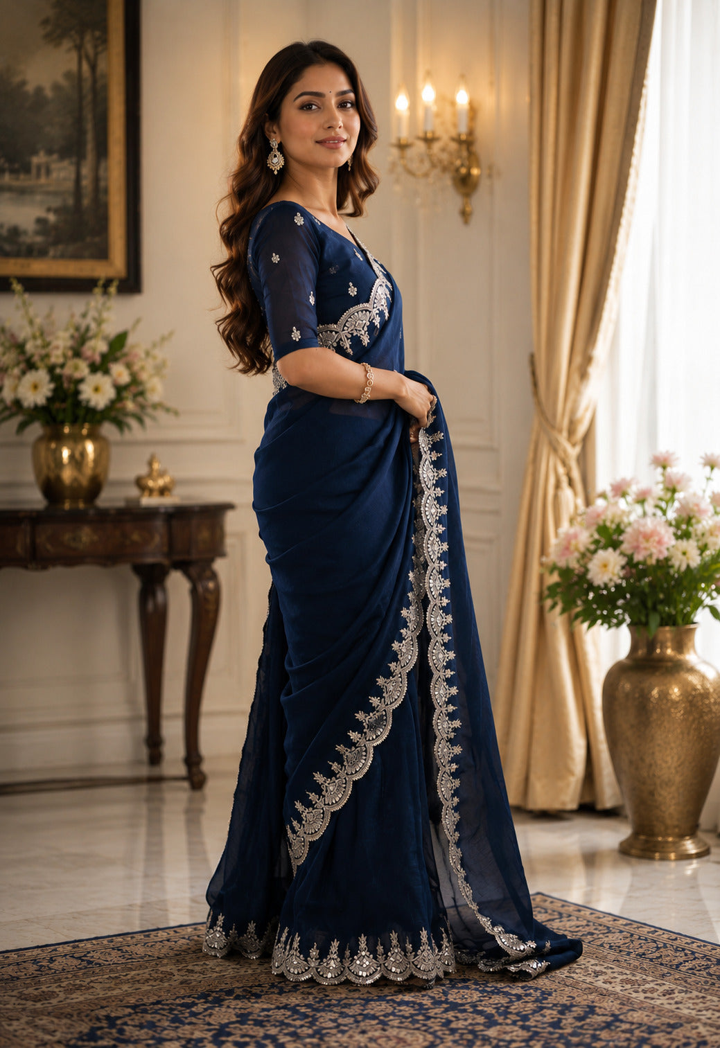 Dwija Fashion Navy Blue Party Wear Embroidered Shimmer Chifon Saree With Unstitched Blouse