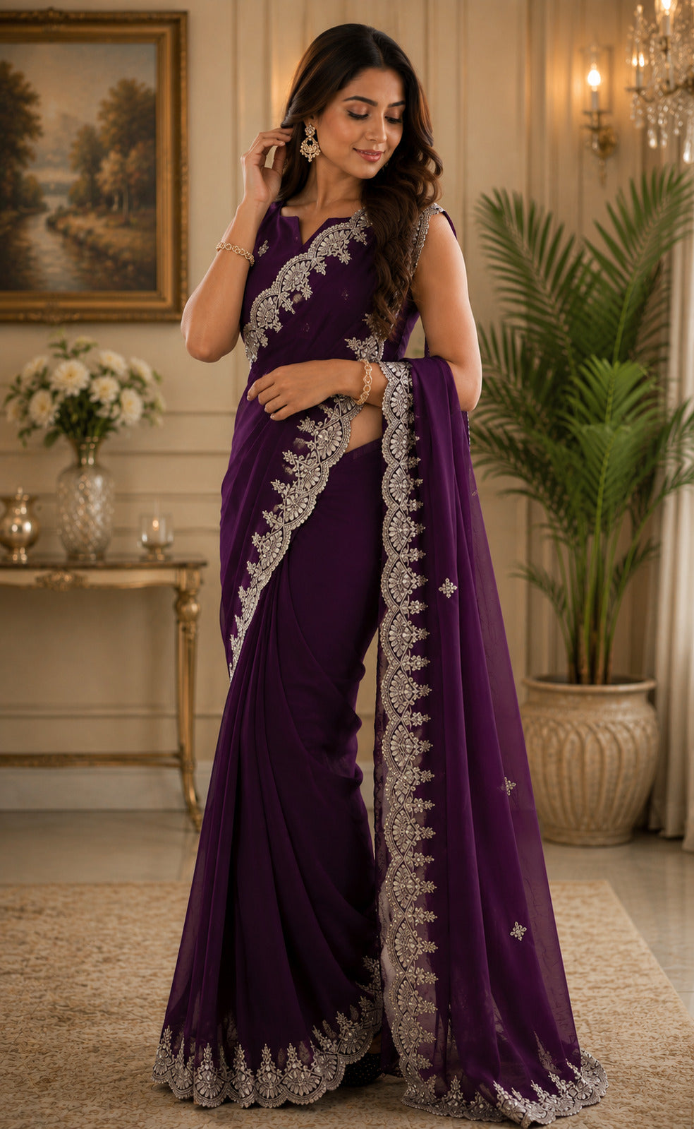 Dwija Fashion Dark Wine Party Wear Embroidered Shimmer Chifon Saree With Unstitched Blouse