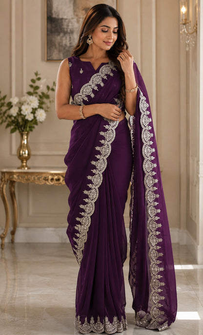 Dwija Fashion Dark Wine Party Wear Embroidered Shimmer Chifon Saree With Unstitched Blouse