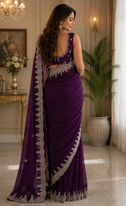 Dwija Fashion Dark Wine Party Wear Embroidered Shimmer Chifon Saree With Unstitched Blouse