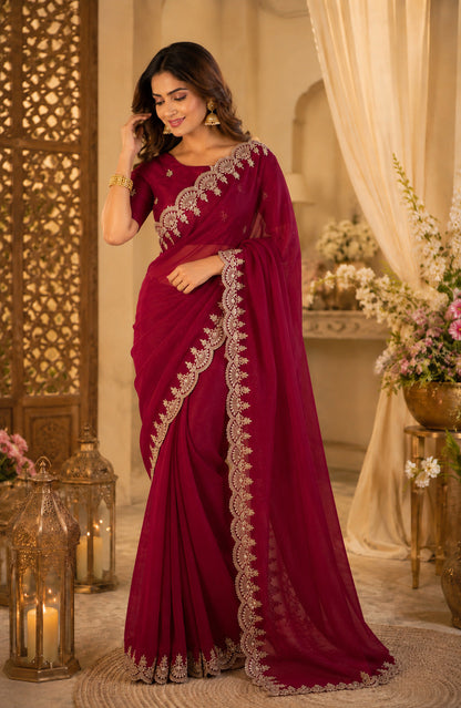 Dwija Fashion Dark Maroon Party Wear Embroidered Shimmer Chifon Saree With Unstitched Blouse
