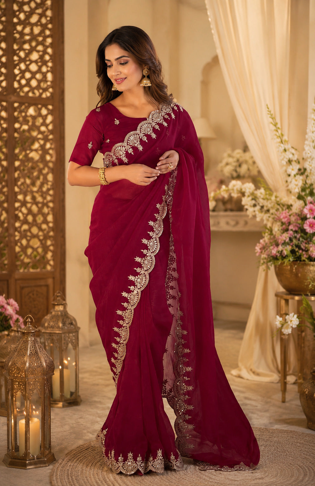Dwija Fashion Dark Maroon Party Wear Embroidered Shimmer Chifon Saree With Unstitched Blouse