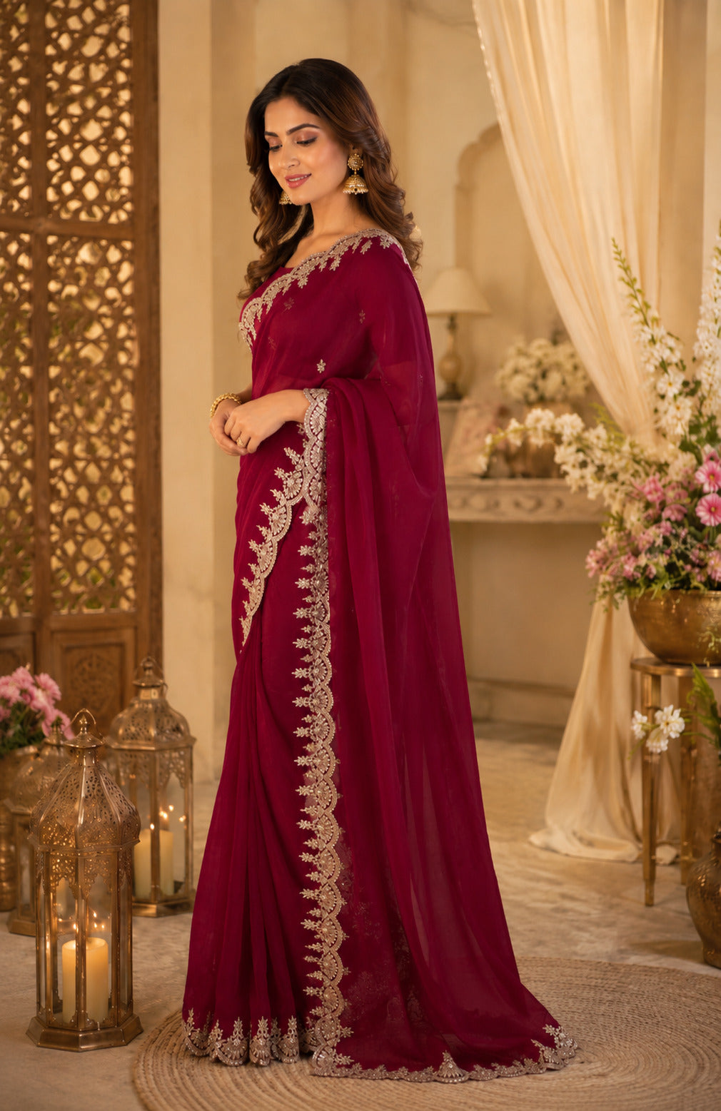 Dwija Fashion Dark Maroon Party Wear Embroidered Shimmer Chifon Saree With Unstitched Blouse