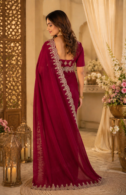 Dwija Fashion Dark Maroon Party Wear Embroidered Shimmer Chifon Saree With Unstitched Blouse
