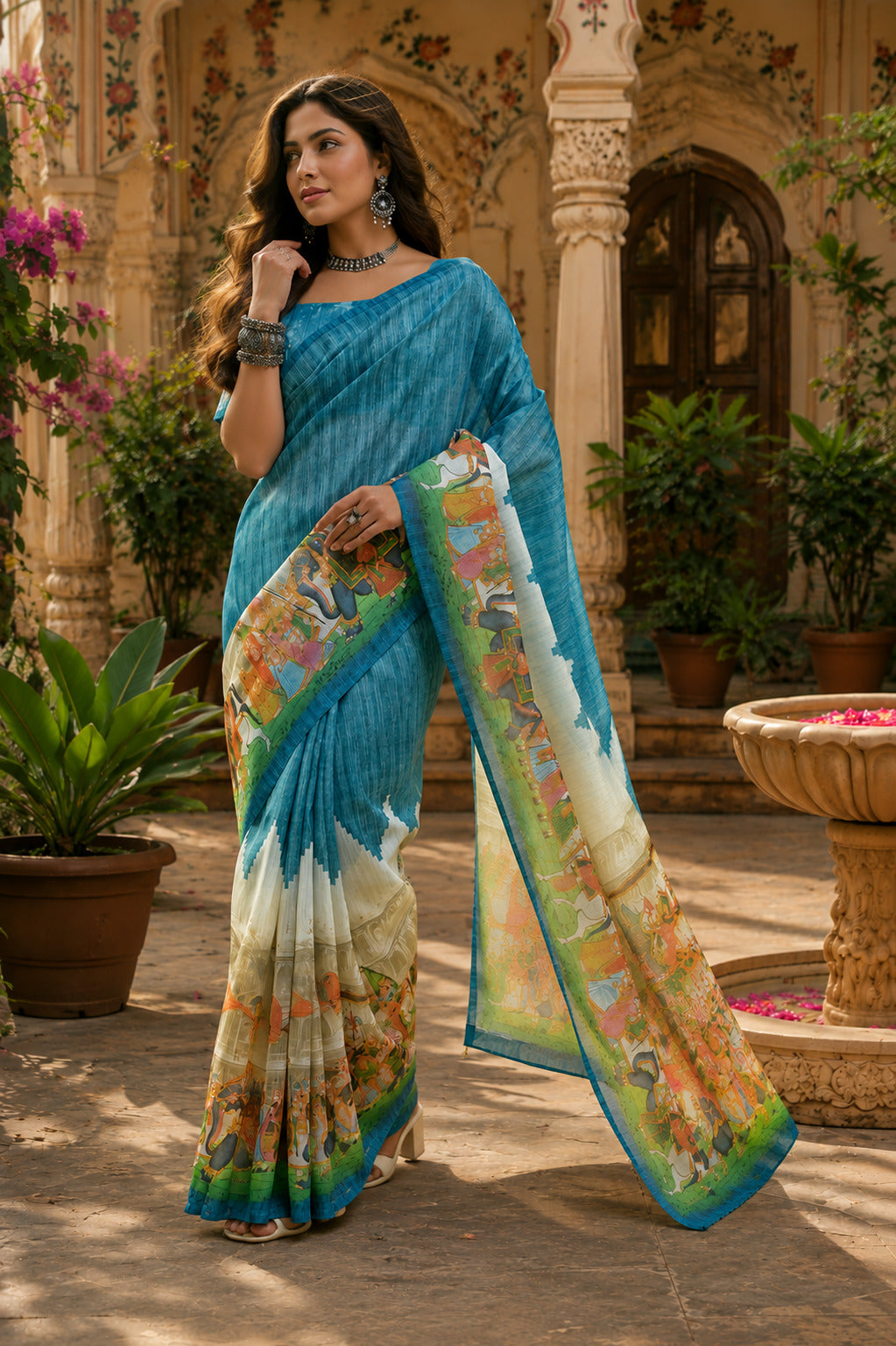 Dwija Fashion Women'S Casual Wear Printed Linen Designer Saree With Unstitched Blouse-Sky Blue