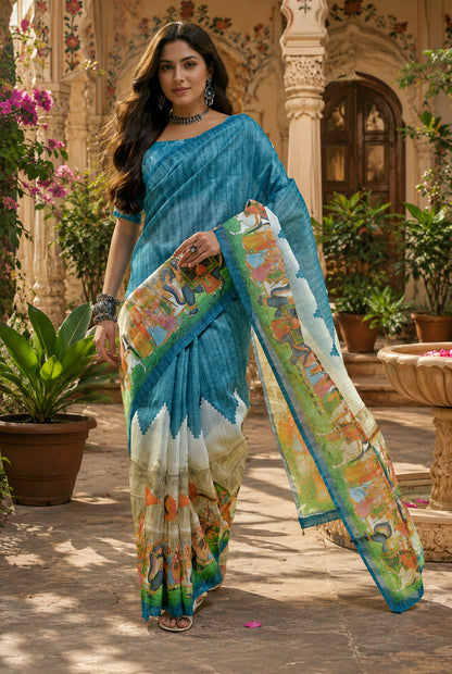 Dwija Fashion Women'S Casual Wear Printed Linen Designer Saree With Unstitched Blouse-Sky Blue