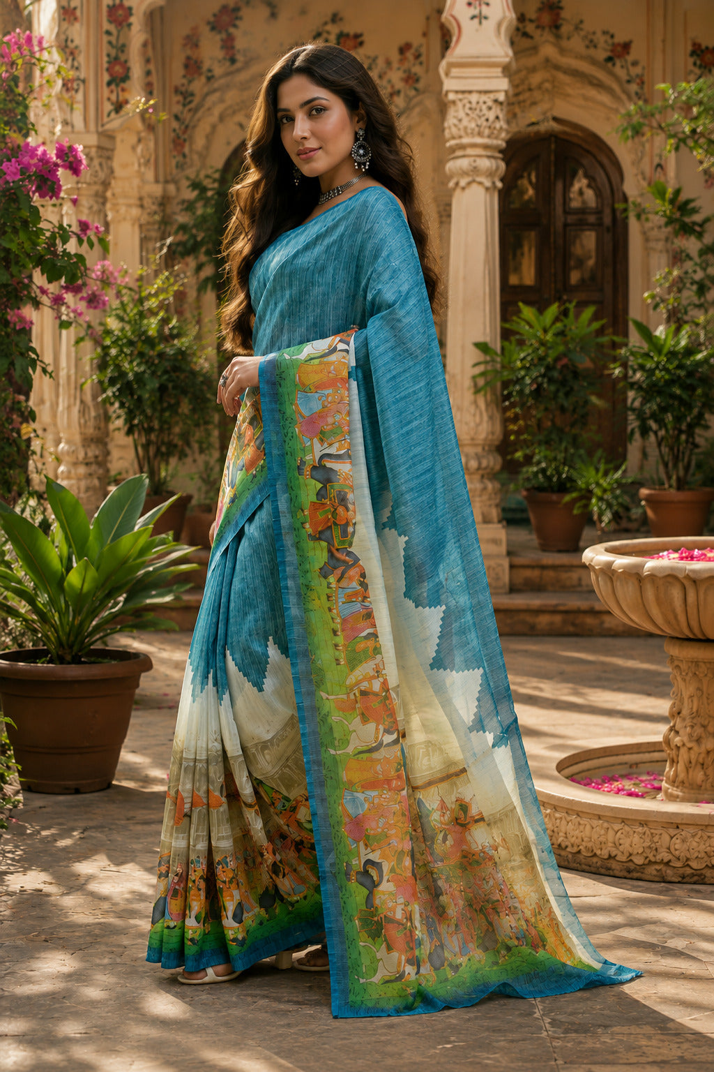 Dwija Fashion Women'S Casual Wear Printed Linen Designer Saree With Unstitched Blouse-Sky Blue
