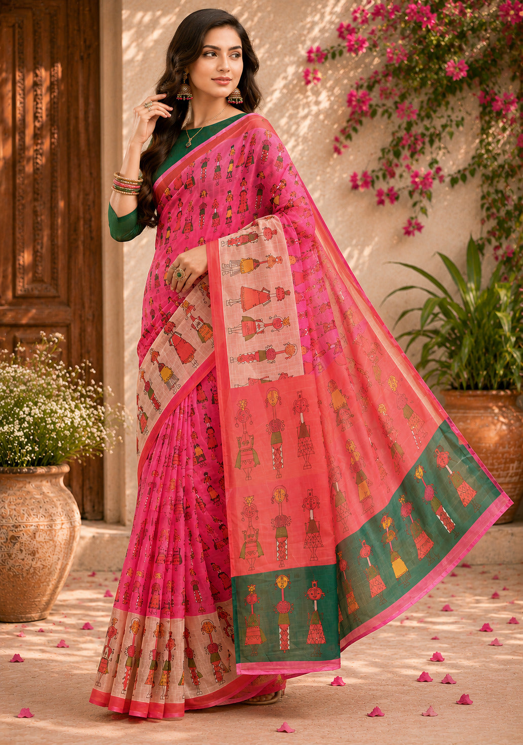 Dwija Fashion Women'S Casual Wear Printed Linen Designer Saree With Unstitched Blouse-Pink