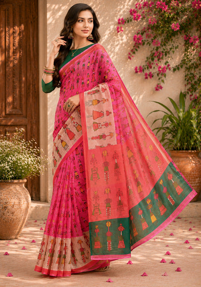 Dwija Fashion Women'S Casual Wear Printed Linen Designer Saree With Unstitched Blouse-Pink