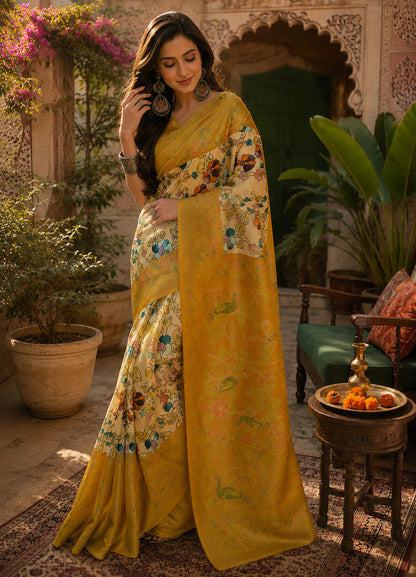 Dwija Fashion Women'S Casual Wear Printed Linen Designer Saree With Unstitched Blouse-Mustard Yellow