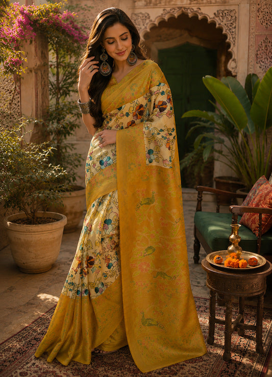 Dwija Fashion Women'S Casual Wear Printed Linen Designer Saree With Unstitched Blouse-Mustard Yellow