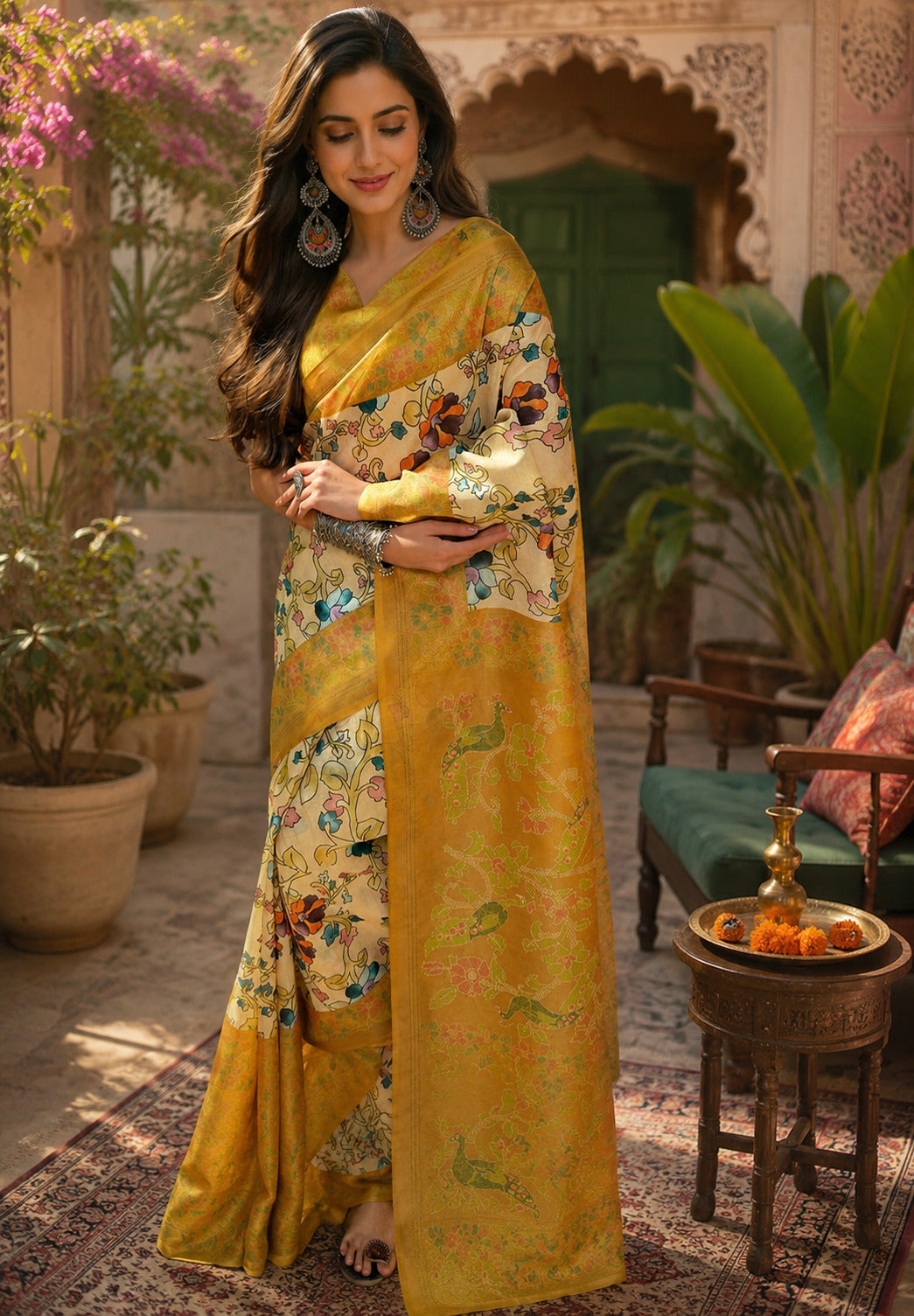Dwija Fashion Women'S Casual Wear Printed Linen Designer Saree With Unstitched Blouse-Mustard Yellow