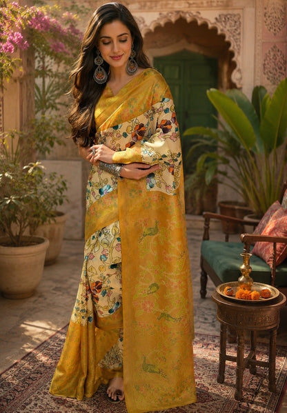 Dwija Fashion Women'S Casual Wear Printed Linen Designer Saree With Unstitched Blouse-Mustard Yellow