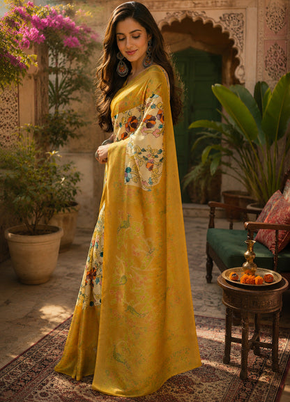 Dwija Fashion Women'S Casual Wear Printed Linen Designer Saree With Unstitched Blouse-Mustard Yellow