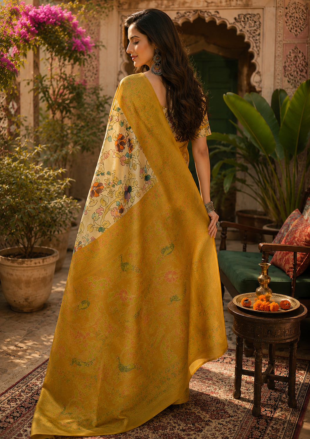 Dwija Fashion Women'S Casual Wear Printed Linen Designer Saree With Unstitched Blouse-Mustard Yellow
