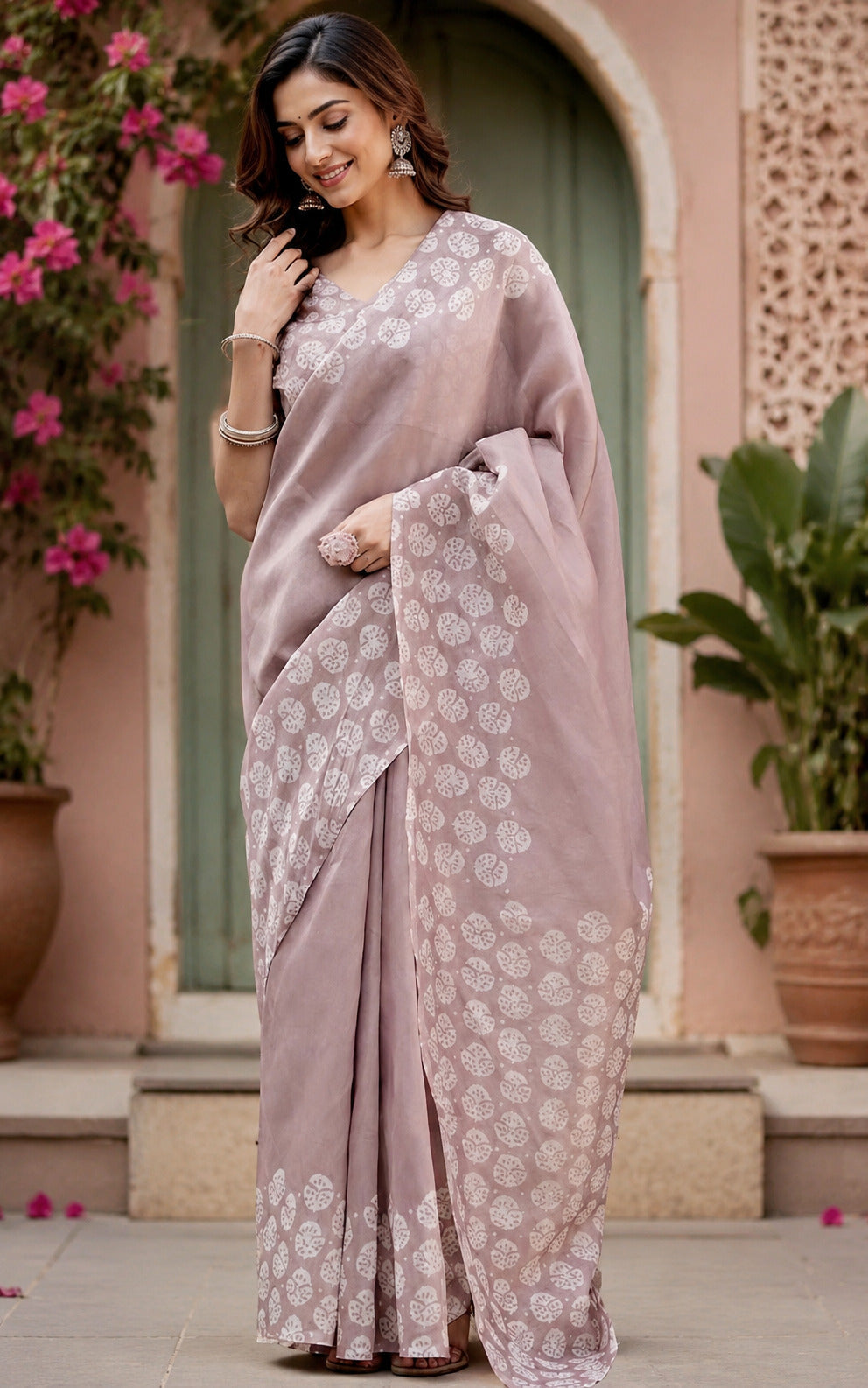 Dwija Fashion Women'S Casual Wear Printed Linen Designer Saree With Unstitched Blouse-Dusty Pink