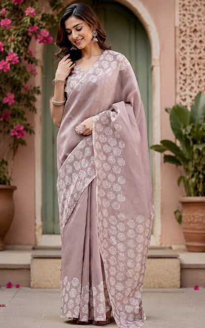 Dwija Fashion Women'S Casual Wear Printed Linen Designer Saree With Unstitched Blouse-Dusty Pink