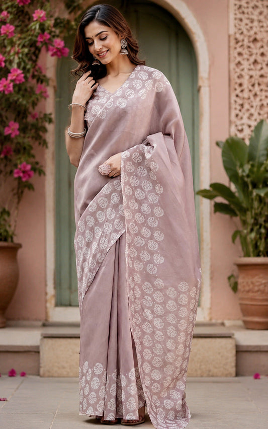 Dwija Fashion Women'S Casual Wear Printed Linen Designer Saree With Unstitched Blouse-Dusty Pink