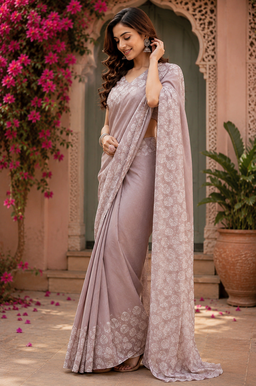 Dwija Fashion Women'S Casual Wear Printed Linen Designer Saree With Unstitched Blouse-Dusty Pink