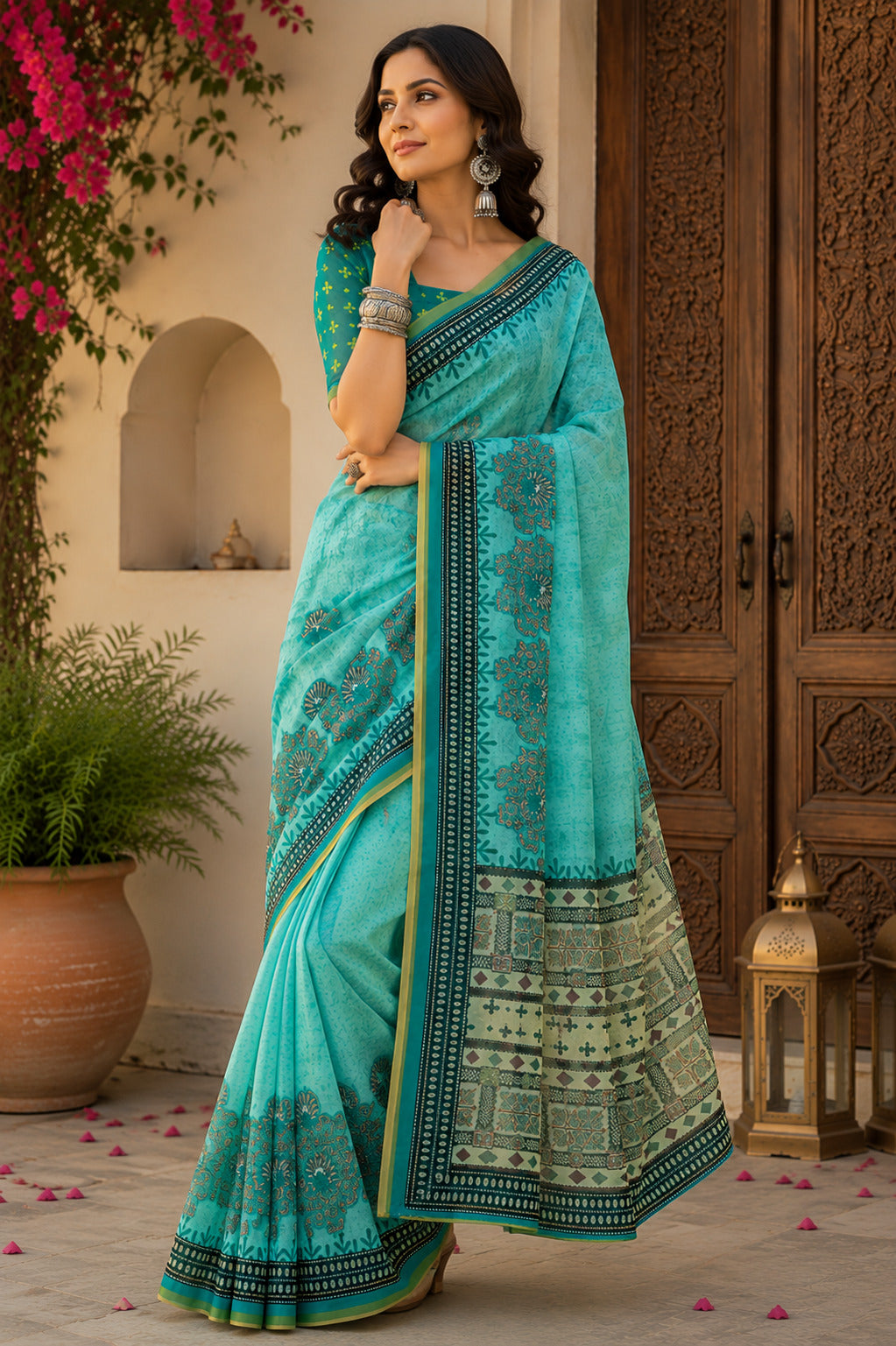 Dwija Fashion Women'S Casual Wear Printed Linen Designer Saree With Unstitched Blouse-Turquoise Blue