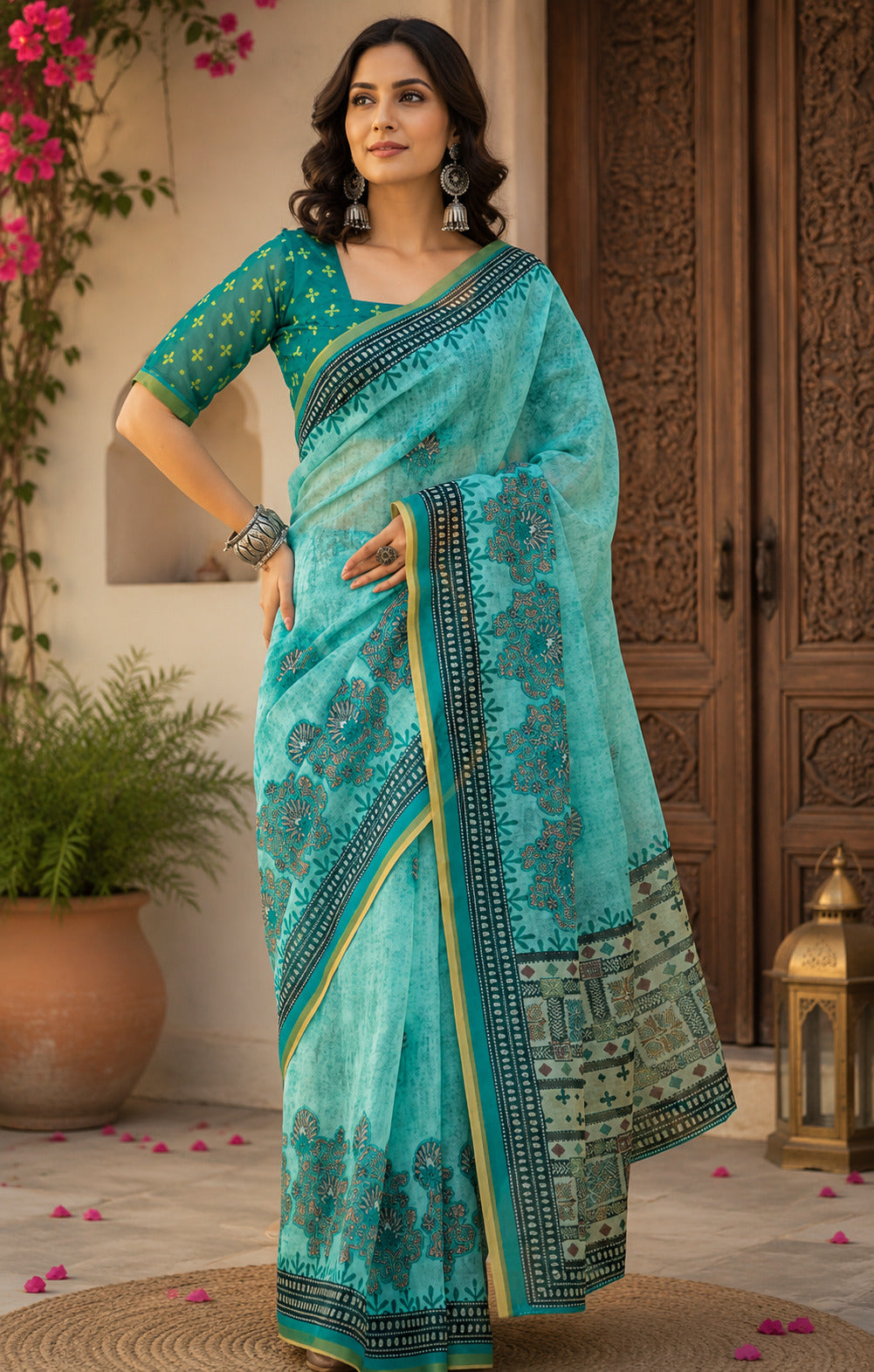 Dwija Fashion Women'S Casual Wear Printed Linen Designer Saree With Unstitched Blouse-Turquoise Blue