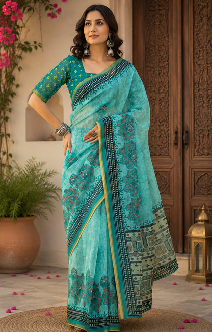 Dwija Fashion Women'S Casual Wear Printed Linen Designer Saree With Unstitched Blouse-Turquoise Blue