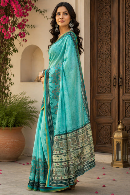 Dwija Fashion Women'S Casual Wear Printed Linen Designer Saree With Unstitched Blouse-Turquoise Blue