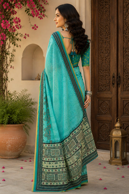 Dwija Fashion Women'S Casual Wear Printed Linen Designer Saree With Unstitched Blouse-Turquoise Blue