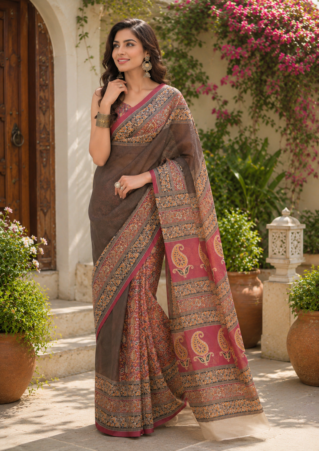Dwija Fashion Women'S Casual Wear Printed Linen Designer Saree With Unstitched Blouse-Brown