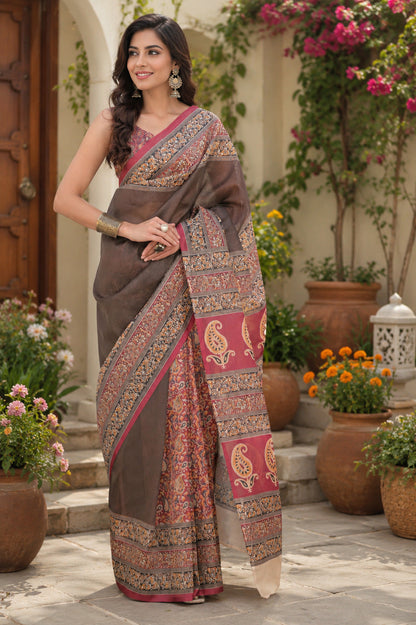Dwija Fashion Women'S Casual Wear Printed Linen Designer Saree With Unstitched Blouse-Brown