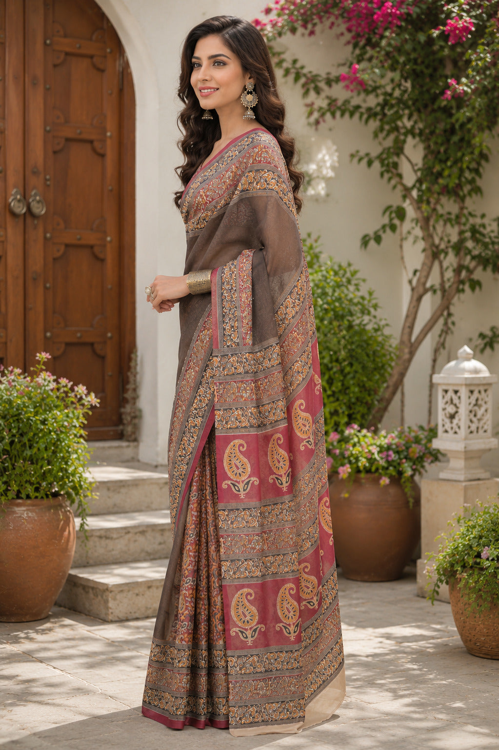 Dwija Fashion Women'S Casual Wear Printed Linen Designer Saree With Unstitched Blouse-Brown