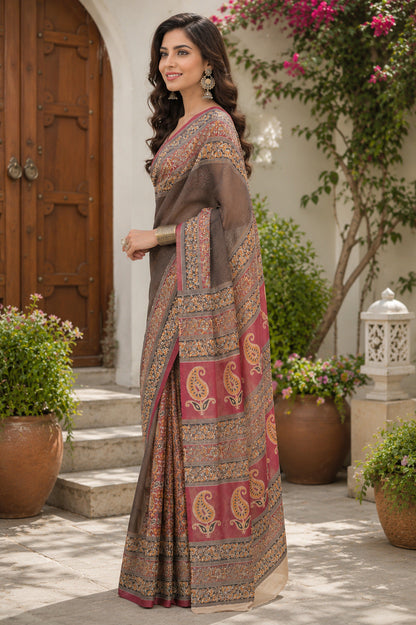 Dwija Fashion Women'S Casual Wear Printed Linen Designer Saree With Unstitched Blouse-Brown