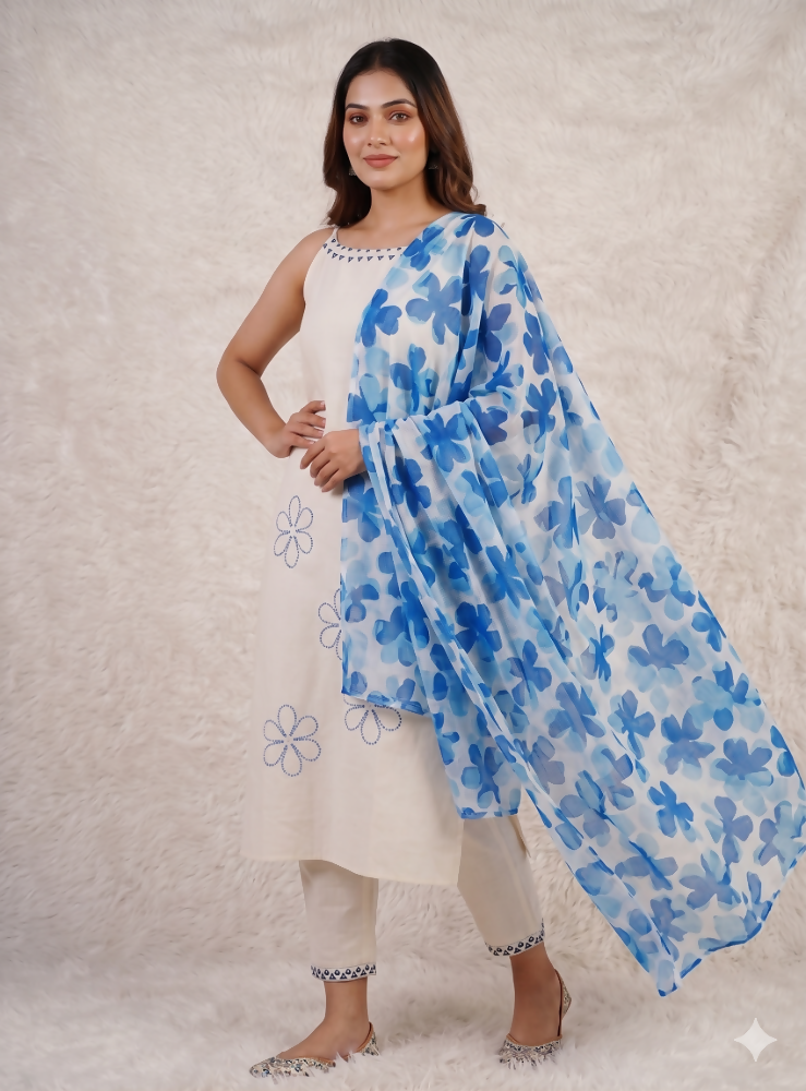 Teeya Creation Womens Off-White Straight Cotton Kurta Pant Set with Floral Organza Dupatta Set