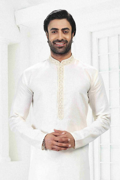 Raivat Ethnic Linen Cotton Thread Work Kurta Pajama In Cream Colour