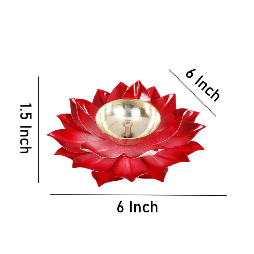 CraftVatika Kamal Diya Deepak Lotus Brass Diyas Oil Lamp - Red