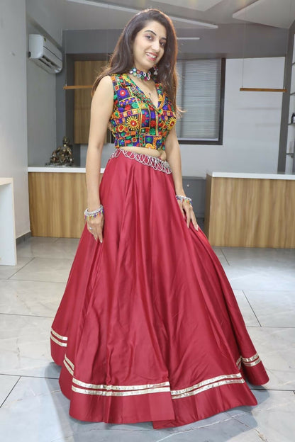 Yash Enterprise Maroon Rayon Cotton Embroidery Semi Stitched Navratri Chaniya Choli