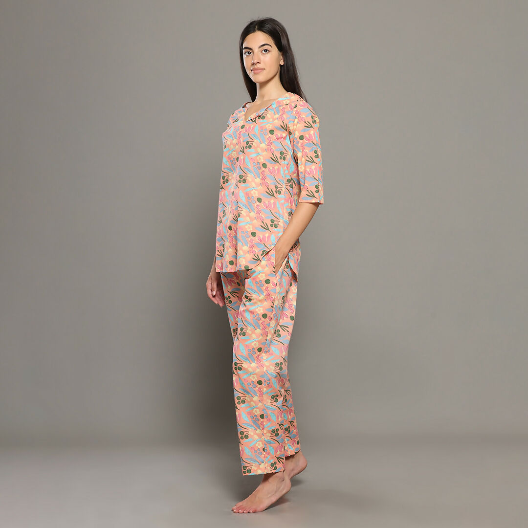 Breathables Women Cotton Printed Loungewear Kurta And Pants Co-Ord Set Peach I Night Wear | Floral Print