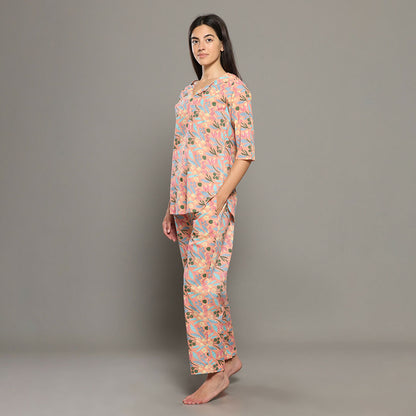 Breathables Women Cotton Printed Loungewear Kurta And Pants Co-Ord Set Peach I Night Wear | Floral Print