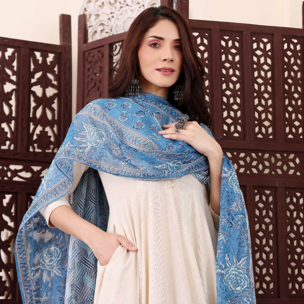 The52 Women's Beautiful Solid Chanderi Silk Fabric Flared Anarkali Pant and Dupatta Set