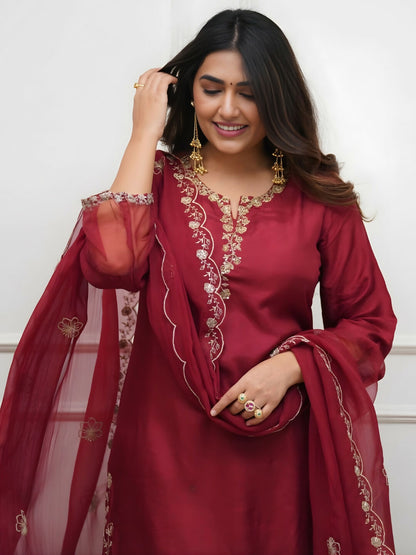 The52 Women's Beautiful Embroidery Work Roman Silk Fabric Straight Kurta Pant and Dupatta Set