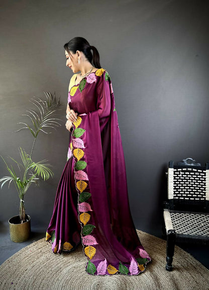Prime Volt Multicolor Leaf Embroidery Rangoli Silk Saree with Scalloped Border-Purple