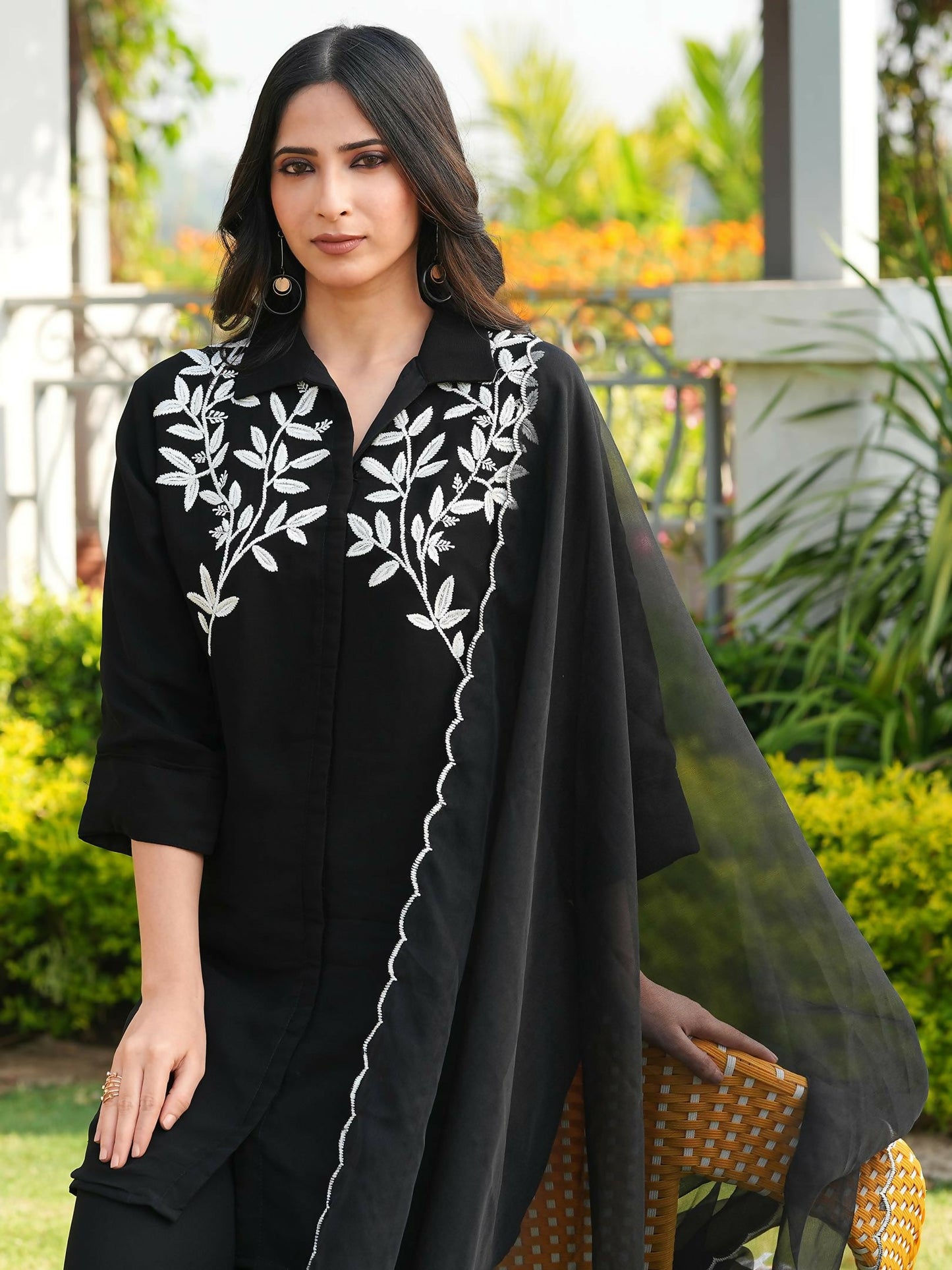 Nikhaar Black Embroidered Viscose Georgette Stitched Straight Cut Kurta Culottes Dupatta Readymade Suit