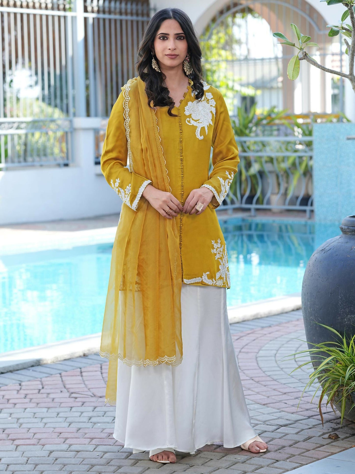 Nikhaar Dark Yellow Embroidered Modal Silk Stitched Straight Cut Kurta Kalidar Palazzo Dupatta Readymade Suit