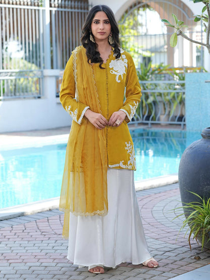 Nikhaar Dark Yellow Embroidered Modal Silk Stitched Straight Cut Kurta Kalidar Palazzo Dupatta Readymade Suit