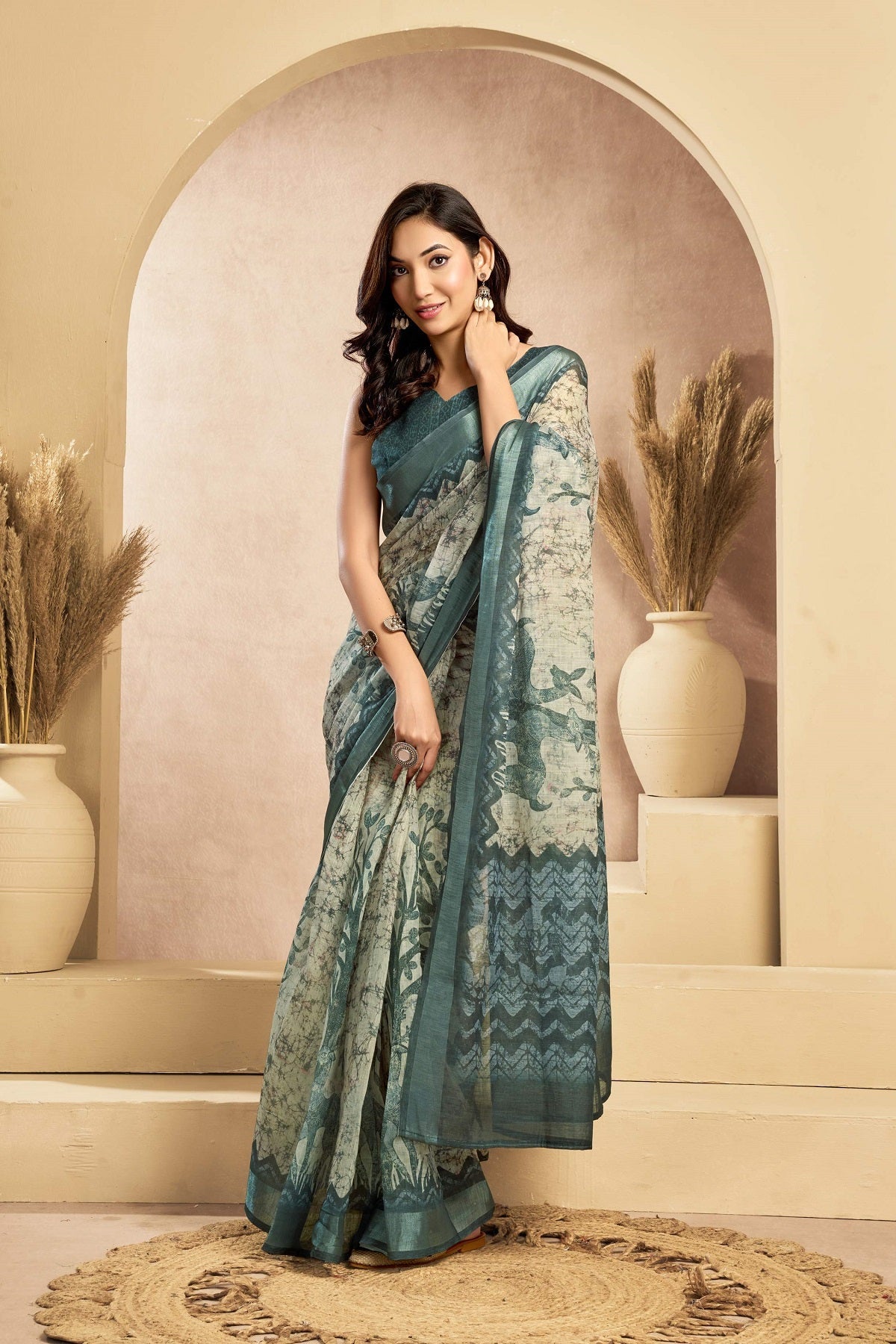 Dwija Fashion Sage Gree Party Wear Printed Linen Ready To Wear Saree With Unstitched Blouse