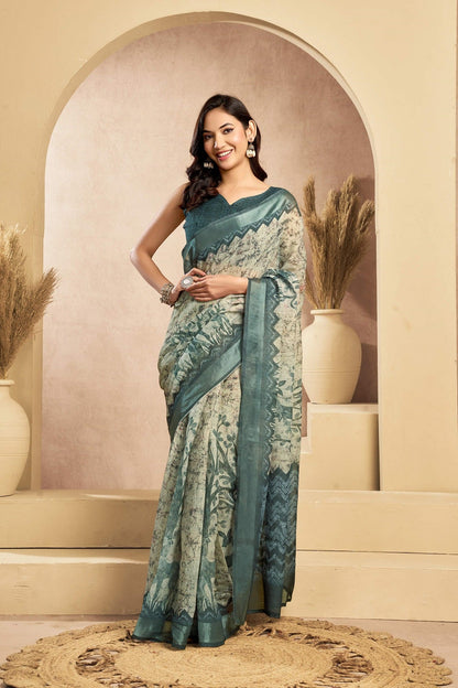 Dwija Fashion Sage Gree Party Wear Printed Linen Ready To Wear Saree With Unstitched Blouse