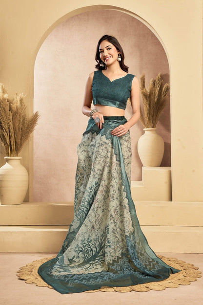 Dwija Fashion Sage Gree Party Wear Printed Linen Ready To Wear Saree With Unstitched Blouse