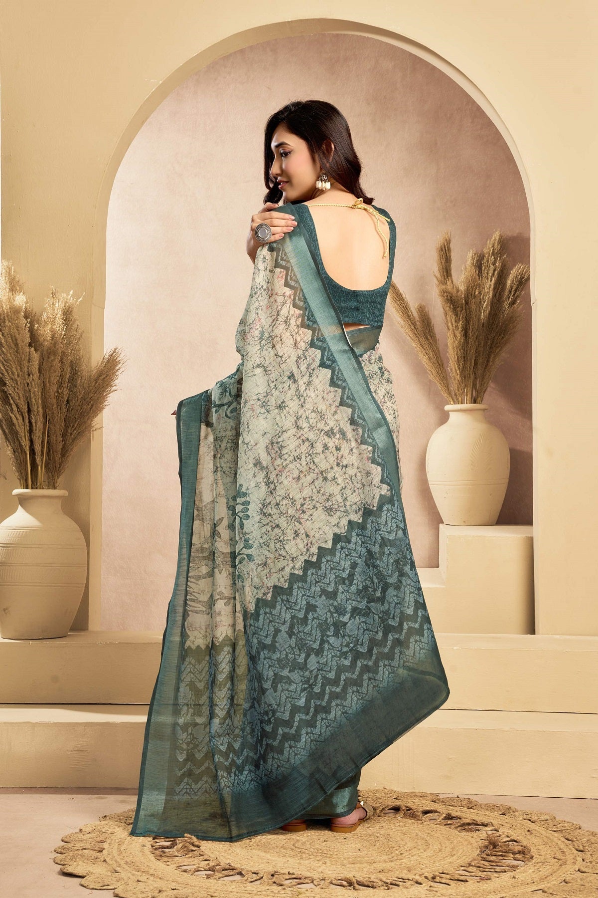 Dwija Fashion Sage Gree Party Wear Printed Linen Ready To Wear Saree With Unstitched Blouse