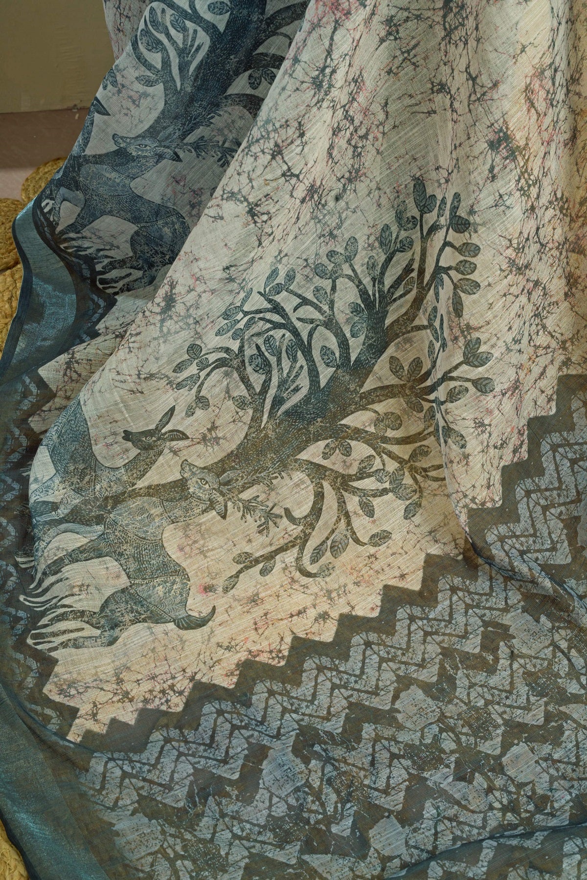 Dwija Fashion Sage Gree Party Wear Printed Linen Ready To Wear Saree With Unstitched Blouse