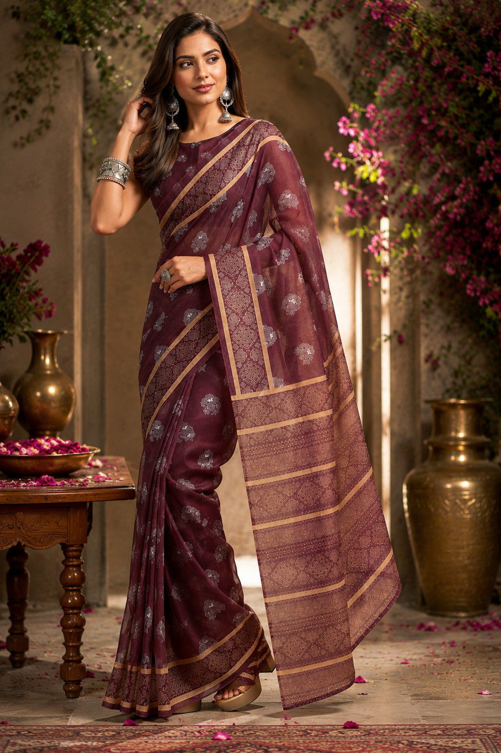 Dwija Fashion Dark Wine Party Wear Printed Linen Ready To Wear Saree With Unstitched Blouse